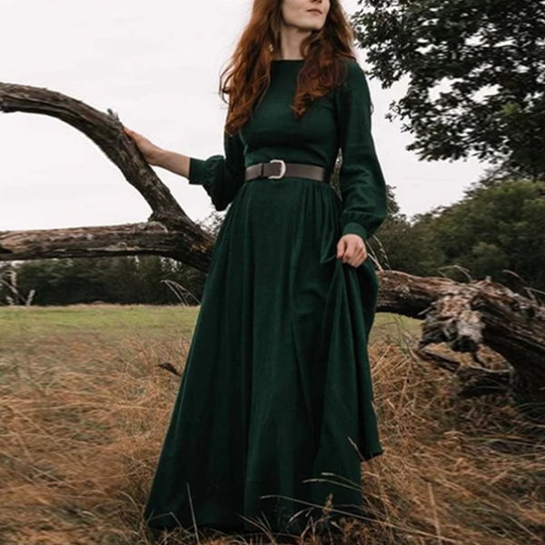 Solid color round collar long sleeves mid length dress for women