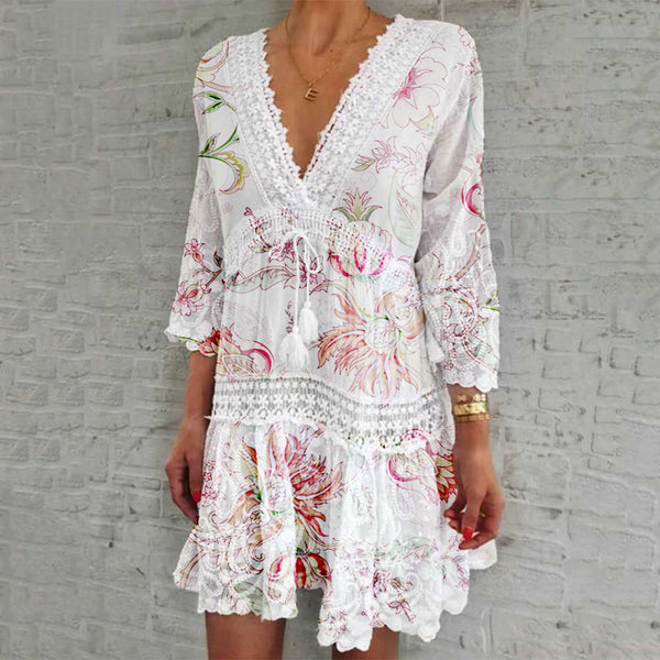V-neck print seven-sleeve hollow sexy dress