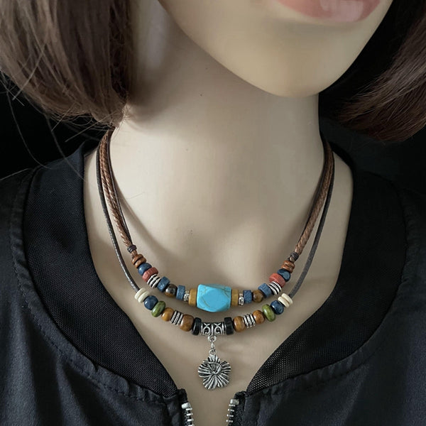 Turquoise Multi-layer Clavicle Chain Ethnic Retro Decoration Girls Cotton and Linen Accessories