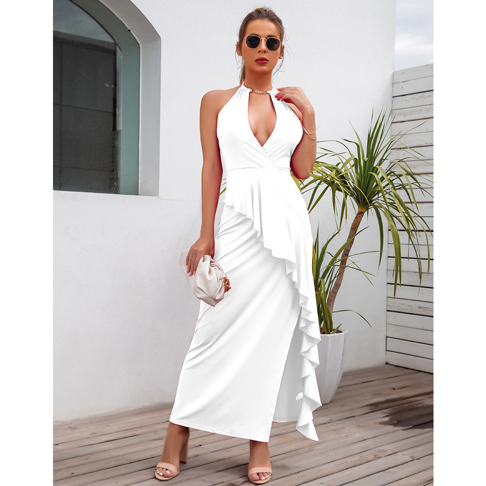 Women's temperament slit pleated suspender dress evening dress