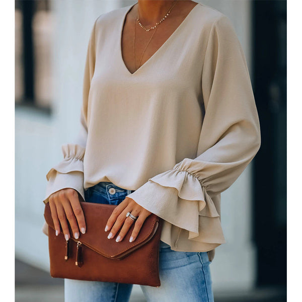 Casual loose solid V-neck bubble sleeve T-shirt