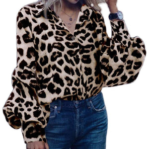 Autumn winter new leopard print shirt female fashion casual lapel bubble sleeve top