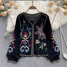 Load image into Gallery viewer, Retro heavy industry embroidered top women&#39;s spring and autumn new V-neck loose lantern sleeves ethnic style cotton and linen shirt