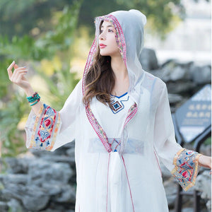 Ethnic style sunscreen cardigan women's thin desert hooded jacket embroidered retro chiffon beach blouse loose outside