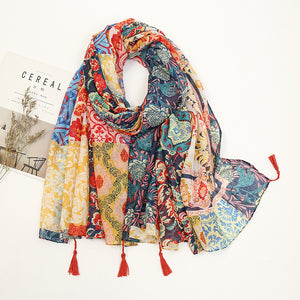 Colorful printed fringed scarf Bohemian style stitching shawl seaside travel holiday sunscreen