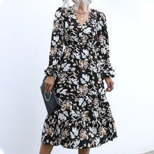 Load image into Gallery viewer, Autumn/winter new womenswear women&#39;s print maxi dress V-neck puff sleeve long dress