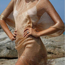 Load image into Gallery viewer, Women&#39;s sunscreen shirt gold and silver ribbon sleeves split shawl resort beach blouse