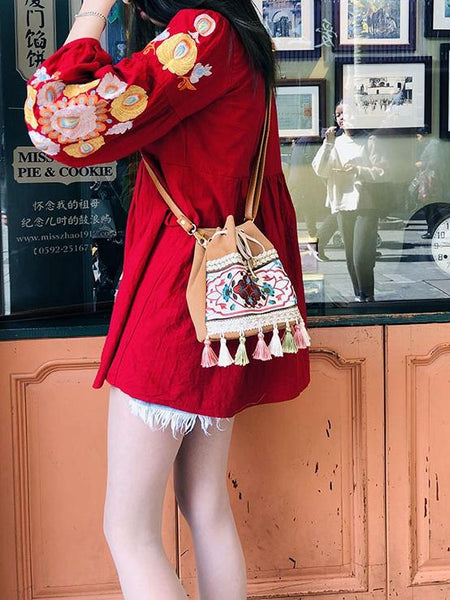 Bohemian Embroidered Tassel Bucket Bag Crossbody Bag