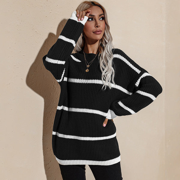 Loose round neck striped pullover knitted sweater