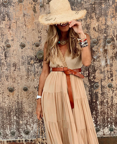 Strap type long temperament mid-length French solid color high waist v-neck stitching long dress