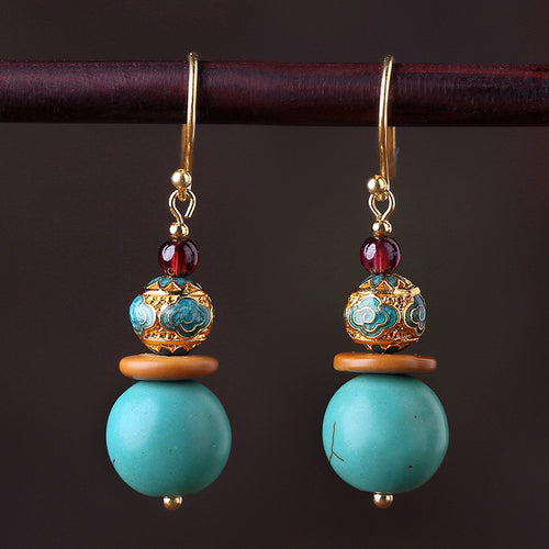 Original Design Antique Earrings Female Turquoise Show White Retro Atmosphere Earrings with No Pierced Ears Advanced Exquisite