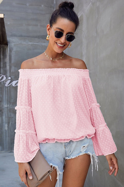 Long sleeve flared chiffon strapless neck openwork blouse