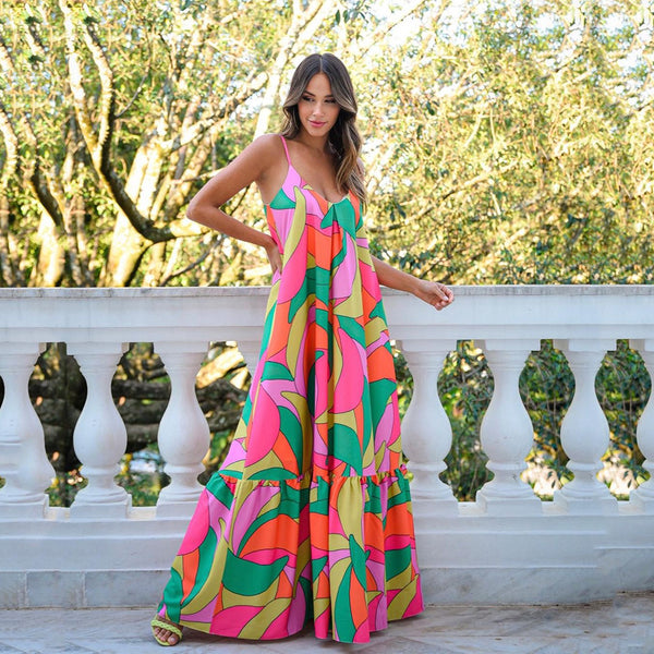 Deep V Backless Dress Bohemian Floral Sling Dress