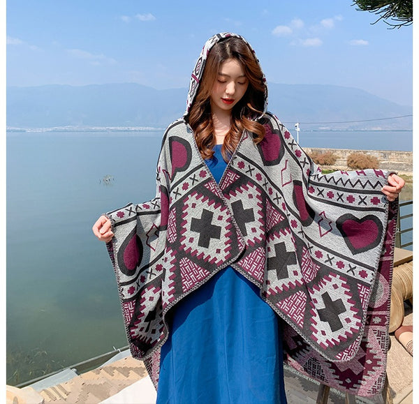 Tibetan ethnic shawl women's Autumn hooded cloak air-conditioned room warm cloak scarf