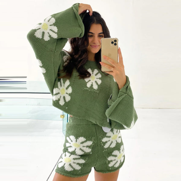 Women's fashion casual colorful flower sweater knit suit