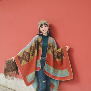 Spring and autumn ethnic style Cape travel warm Tibet imitation cashmere cape oversized Cape scarf