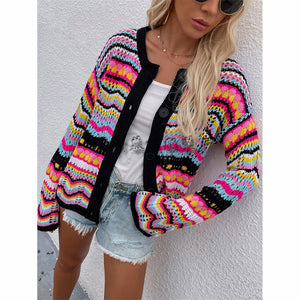 Striped sweater women loose plus size rainbow knit sweater button cardigan