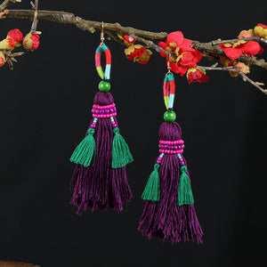 Retro national style contrast color pommel Earrings exaggerated personality Bohemian holiday long tassel temperament Earrings women