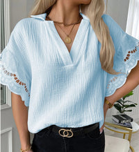 Load image into Gallery viewer, New Summer Lace Trim V Neck Short Sleeve Casual Shirt