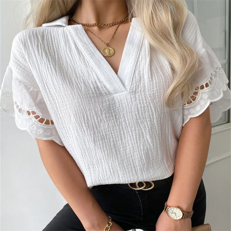 New Summer Lace Trim V Neck Short Sleeve Casual Shirt