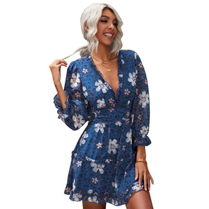 Dress open back chiffon waist sexy high waist long sleeve floral skirt women