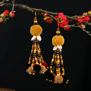 Retro national style contrast color pommel Earrings exaggerated personality Bohemian holiday long tassel temperament Earrings women