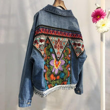 Load image into Gallery viewer, Bohemian Back Embroidery Fold-over Collar Jeans Jacket Long Sleeve Coat
