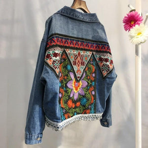 Bohemian Back Embroidery Fold-over Collar Jeans Jacket Long Sleeve Coat