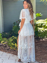 Load image into Gallery viewer, Bohemian V-neck, split embroidered lace dress, resort white maxi dress