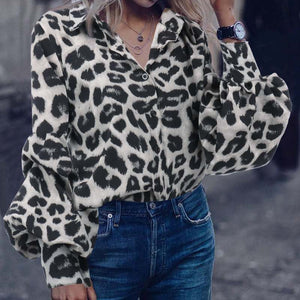Autumn winter new leopard print shirt female fashion casual lapel bubble sleeve top