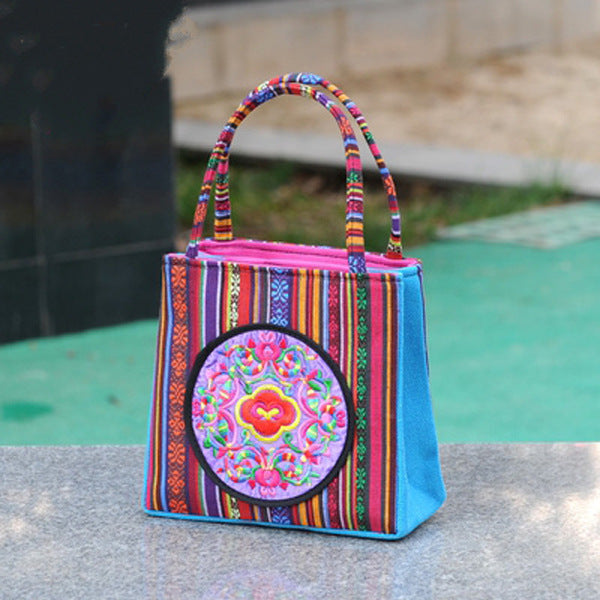 New Ethnic Style Bag Women's Handheld Double Pull Bag Versatile Small Square Bag Striped Hand Bag