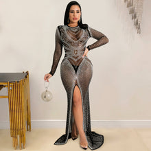 Load image into Gallery viewer, Hot drill women&#39;s mesh see-through long-sleeved slit dress women