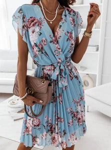Summer ruffled short sleeve V-neck digital print dress female
