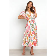 Load image into Gallery viewer, v-neck commuter print short-sleeved waist-length dress Bohemian dress