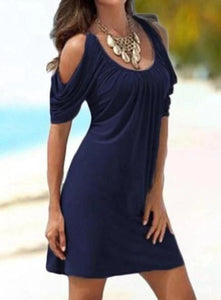 Round Neck Hollow Short Sleeve Fashion Solid Color Dress 4 Colors Beach Dress