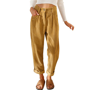 New women's high waist casual pants solid color loose straight corduroy pants