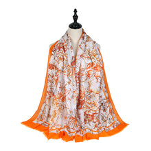 Load image into Gallery viewer, Autumn and winter new satin printing spring orchid autumn chrysanthemum outdoor ladies warm shawl scarf