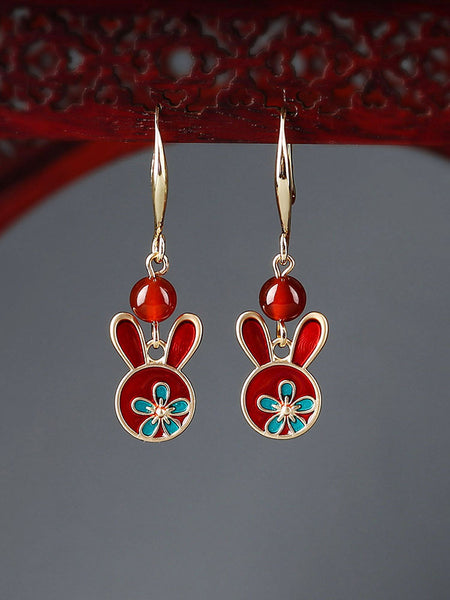 Red earrings antique rabbit earrings with cheongsam retro sterling silver ethnic earrings