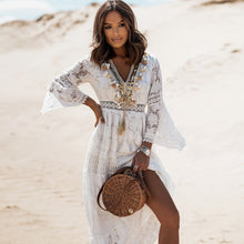 Load image into Gallery viewer, Lace-paneled lace, fringed flared sleeves, maxi dress