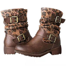 Load image into Gallery viewer, Autumn and winter new leopard print high round toe knight boots belt buckle low heel Martin boots