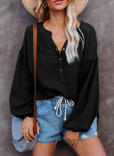 Load image into Gallery viewer, Solid color mosaic lantern sleeve button V-neck casual shirt woman