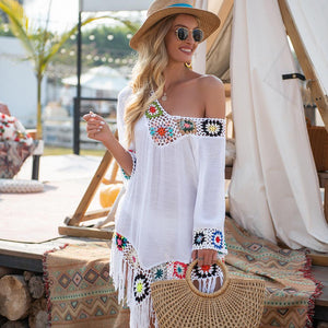 New Off The Shoulder half Sleeve Hook Pattern Stitching Irregular Tassel Beach Cover Up Shirt Ethnic Style Dress