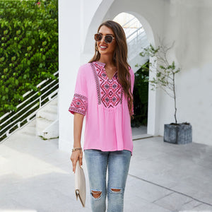 Sexy Loose Deep V-Neck Solid Embroidered Five-point Sleeve Shirt