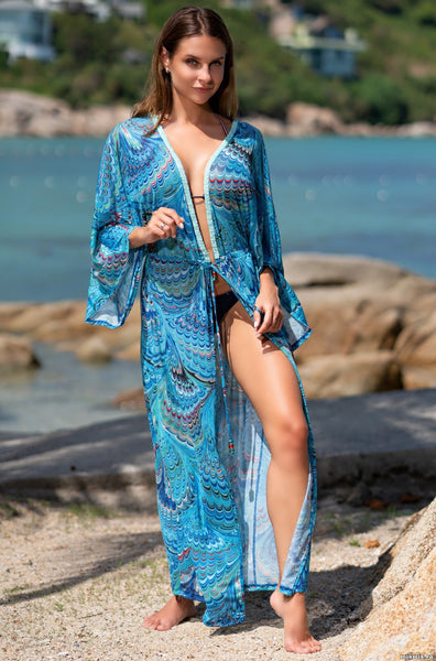 Quick-dry strip cardigan with floral border for holiday beach bikini top