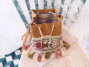 Bohemian Embroidered Tassel Bucket Bag Crossbody Bag