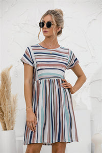 striped-print paneled crew-neck dress