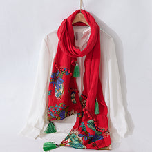 Load image into Gallery viewer, Ethnic scarf ladies retro Tibetan style stitching tassel spring and autumn cotton and linen red scarf shawl