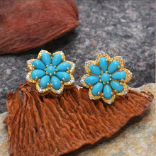 Load image into Gallery viewer, Bohemian Vintage Turquoise Stud Earrings Women&#39;s Snow Flower Diamond Antique Silver Earrings