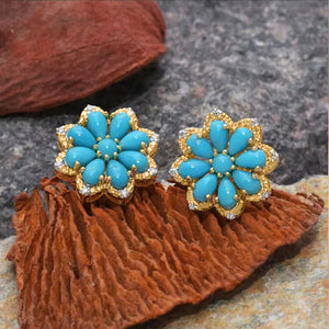 Bohemian Vintage Turquoise Stud Earrings Women's Snow Flower Diamond Antique Silver Earrings