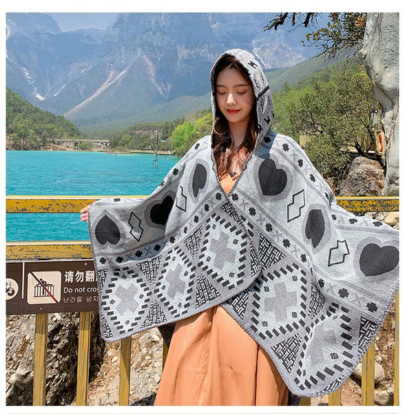 Tibetan ethnic shawl women's Autumn hooded cloak air-conditioned room warm cloak scarf